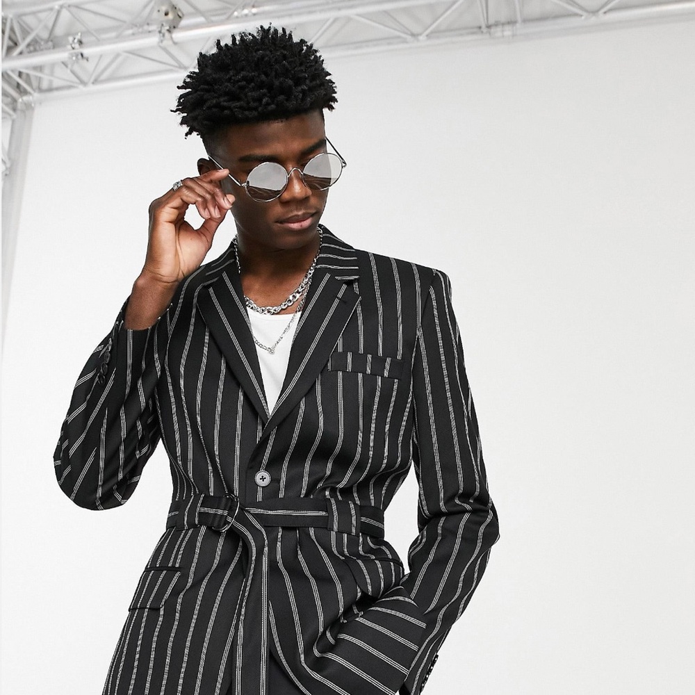 ASOS Men’s 44R 36X32 Striped Wide Leg Belted Suit